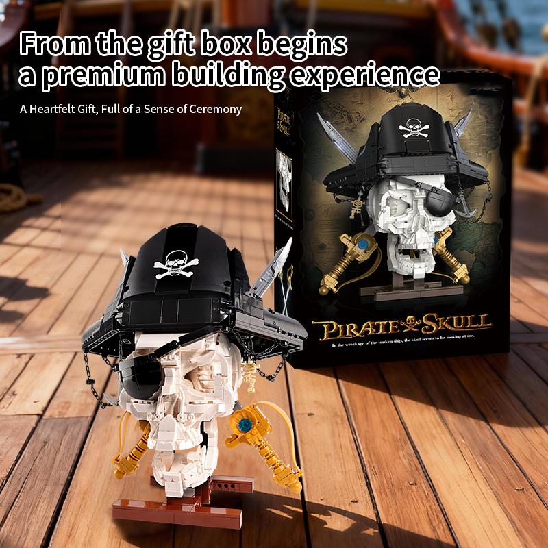 Pirate Skull MOC Blocks Skeleton Model Creative Building Toys for Boys Kids Adult Gifts 1100+Pcs DIY Bricks Sets Room Ornament