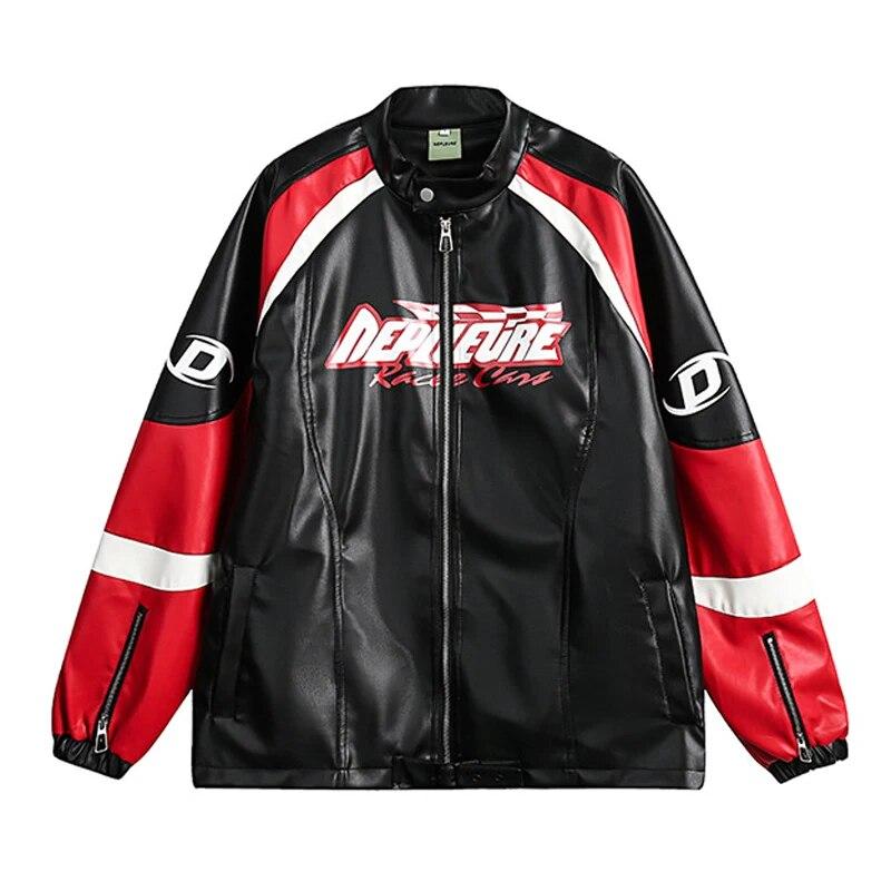 

Contrast Color Patchwork PU Leather Men s Jacket Letter Printed Zipper Fashion Motorcycle Coat Couple Street Casual Hip-hop Top