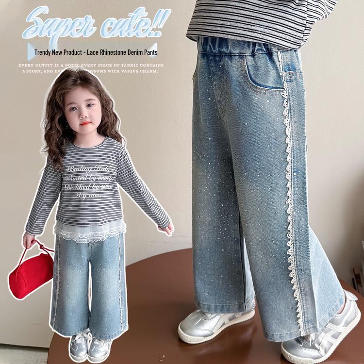 Girls' Rhinestone Lace Denim Pants - Spring/Autumn 2026: Stylish Wide-Leg Fashion for Little Girls