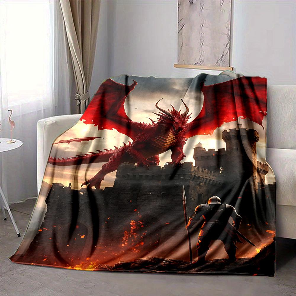 1pc Dragon Castle Lightweight Flannel Blanket, Comfortable and Warm Blanket, for Office and Camping Sofa Bed, Livingroom078