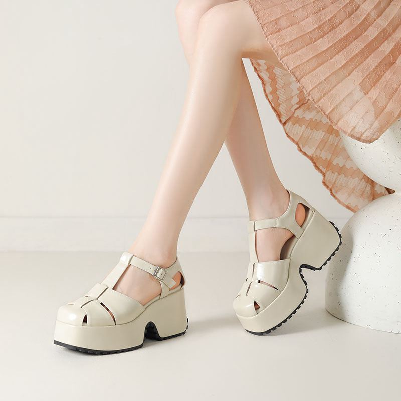 Krazing Pot Polyurethane Spring Summer Size 43 Size 42 Prints Women Platform Women Round Toe Buckle Straps Waterproof Sandals