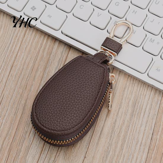Car Key Holder Faux Leather Case with Hanging Buckle Keyring Chain Portable Fob Remote Zipper Bag Protector Pouch Wallet Cover