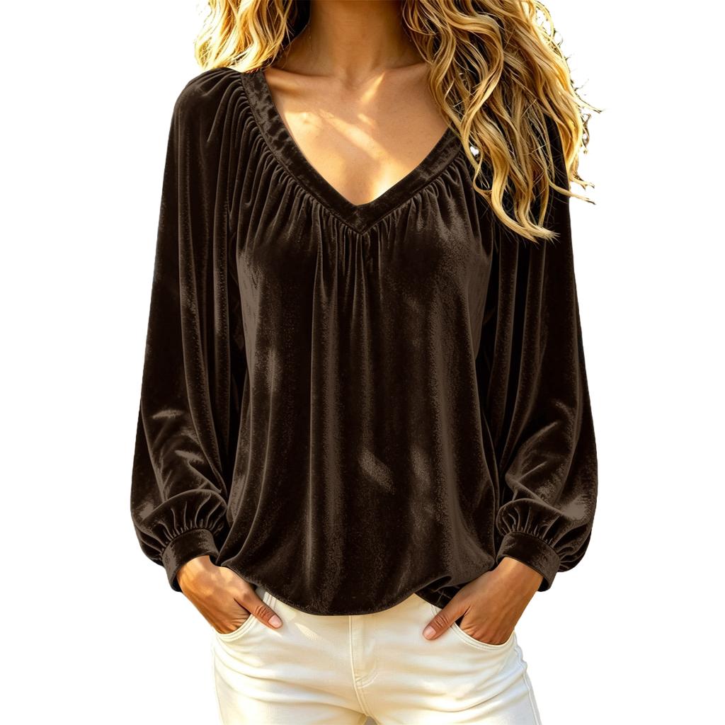 Women's V-Neck Long Sleeve Top Casual Basic Blouse for Fall Winter Spring Everyday Wear