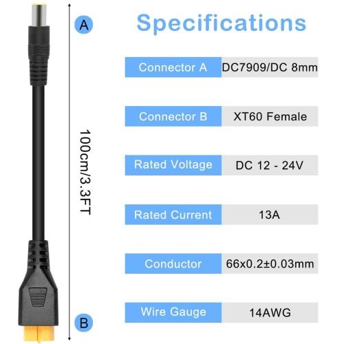 Xiatiaosann XT60 Cable, Solar Power Cable, DC8mm DC7909 to XT60 Female Cable for RC Lipo Battery Portable Power Station, DC 7.9mm x 0.9mm to XT60 14AW