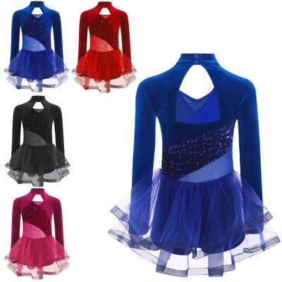 Φόρεμα Παράστασης για Κορίτσια Λαμπερές Παγιέτες Ψηλός Λαιμός Μακρύ Μανίκι Βελούδινο Πατς Τούτου Αγωνιστικό Κοστούμι Χορού 6-14