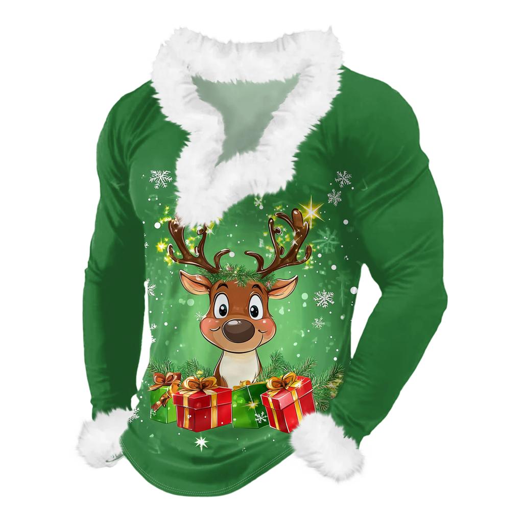 Herren Lässiges Weihnachten Bedrucktes Plüsch V-Ausschnitt und Fleece Langarm-Sweatshirt