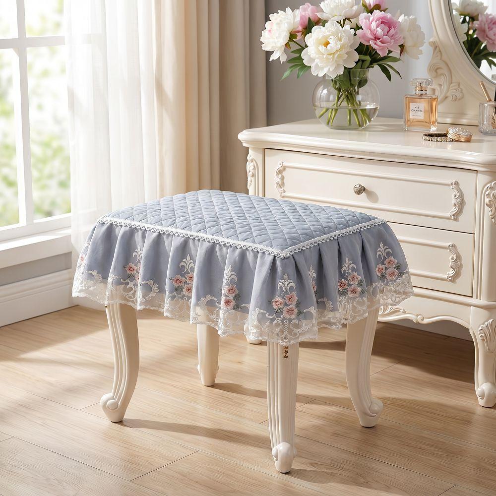 Floral Pattern Makeup Stool Cover Lace Edge Ruffled Stool Cushion Cover Full-Coverage Dust-proof Elastic Stool Slipcover