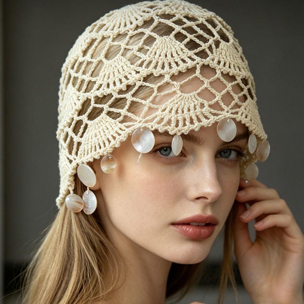 Solid Color Shell Tassels Hat Thin Bohemian Style Beanies Fashion Woven Pullover Cap Pullover Hat