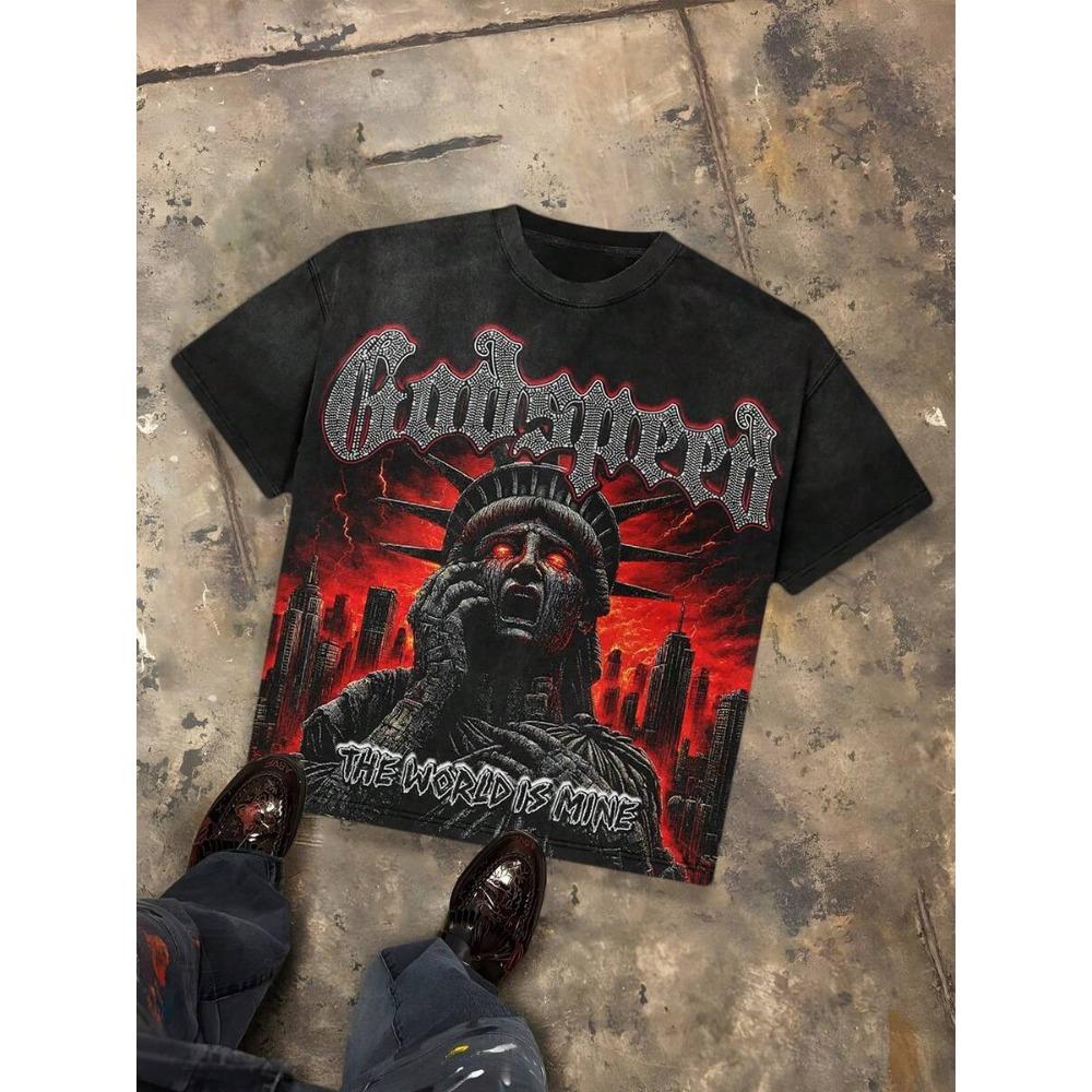 Godspeed The World Is Mine Apocalyptic Liberty Distressed Oversized Graphic Tee Men s Short Sleeve 2XL