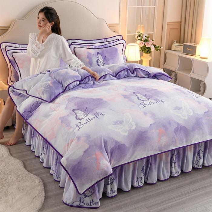Thickened Milk Fleece Four-Piece Warm Double-Sided Coral Fleece Quilt Cover Flannel Sheet Bed Skirt Bedding