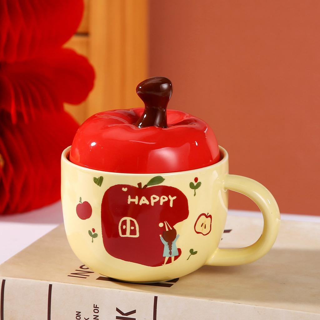 High Looking Cute Apple Ceramic Cup for Girls Souvenir Coffee Cup Water Cup Personalized Creative Mug with Lid