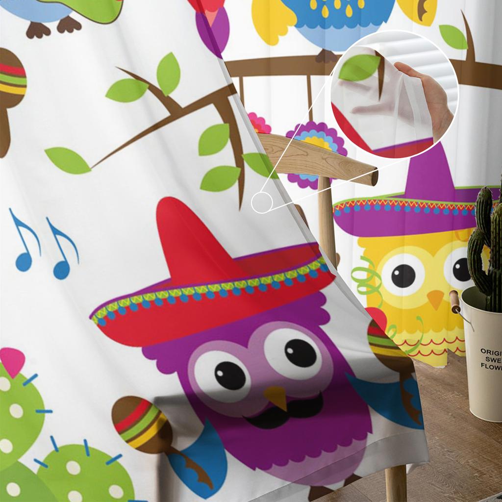 Colorful Owl Cactus Music Guitar Chiffon Sheer Curtains for Living Room Bedroom Home Decor Window Voile Tulle Curtain Drapes