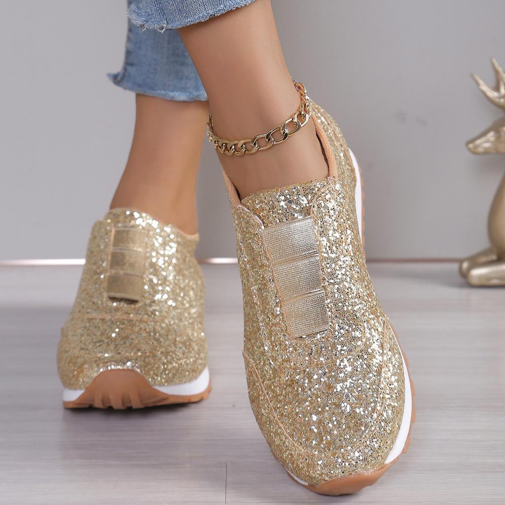 European and American Large-size Spring and Autumn New Sequined Sports and Leisure Women's Shoes Round Head Elastic Band Flat-soled Sports Shoes