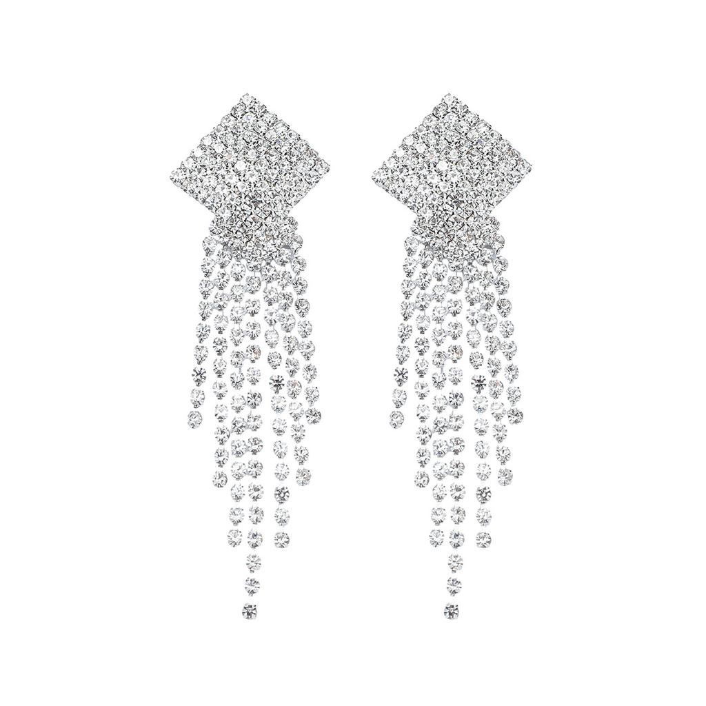 Geometric Square Shiny Rhinestone Long Fringed Earrings