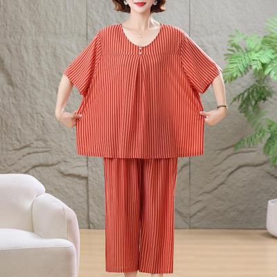 Damen Plus Size Sommer 2-teiliges Outfit, Eis Seide Lässiges Oberteil & Caprihosen Set (3XL-7XL)