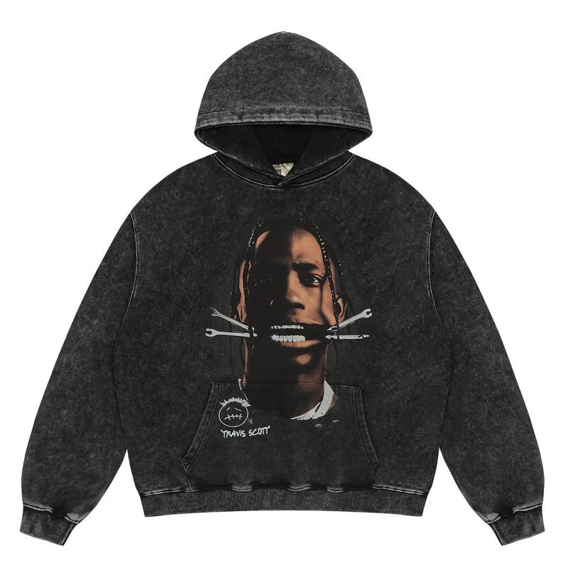 Mens Vintage Washed Hoodie With Distressed Graphic Print Loose Fit Cotton Pullover Fall Casual Wear