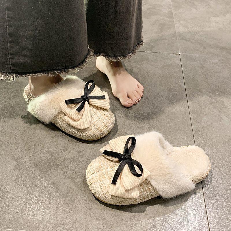 Home thick bottom non-slip fluffy slippers women's high value temperament bow cute cotton slippers