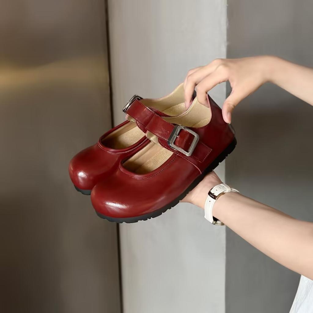 French red round head shallow mouth single shoes new spring and autumn retro student soft-soled Mary Jane shoes