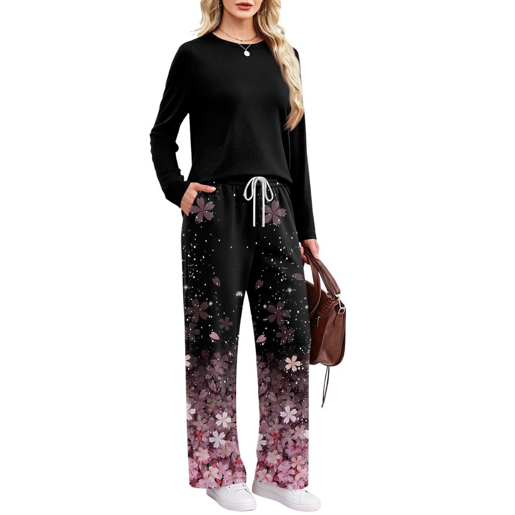 Women's Pajama Set with Pockets, Round Neck Long Sleeve Loose Fit Printed Casual Loungewear for Sleeping At Home