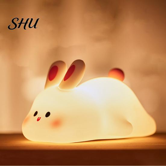 Kid Room Night Light Silicone Big Face Rabbit Tap USB Rechargeable Convenient Charging with Dimmable Timer Soft Eye-Protective LED for Sleeping