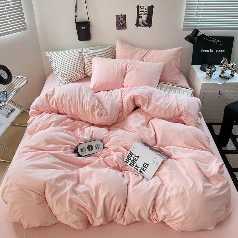 Ultra-soft Solid Color Washed Cotton Bed 4-piece Set Duplex Student Dormitory 3-piece Bed Sheet Quilt Cover Bedding