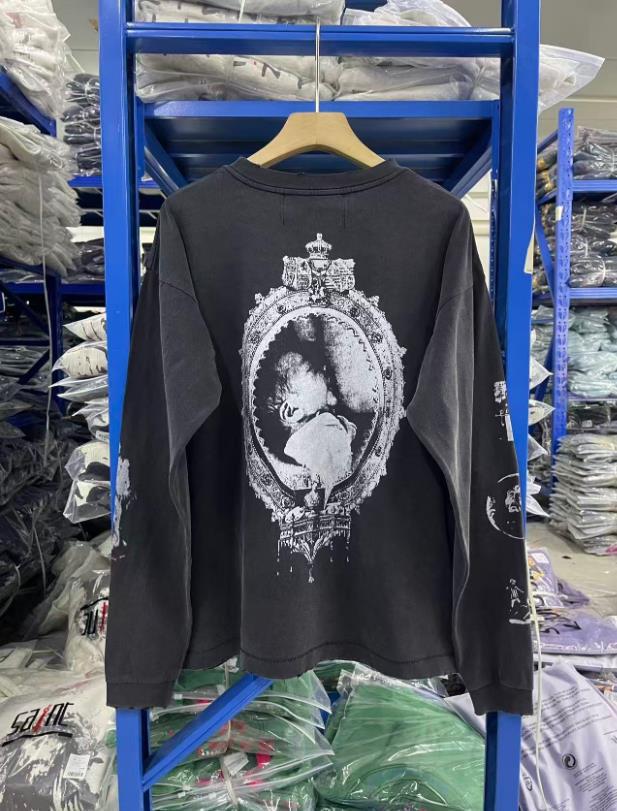 ERD Retro Wash Letter Print Drop Shoulder Long Sleeve T-shirt for Men