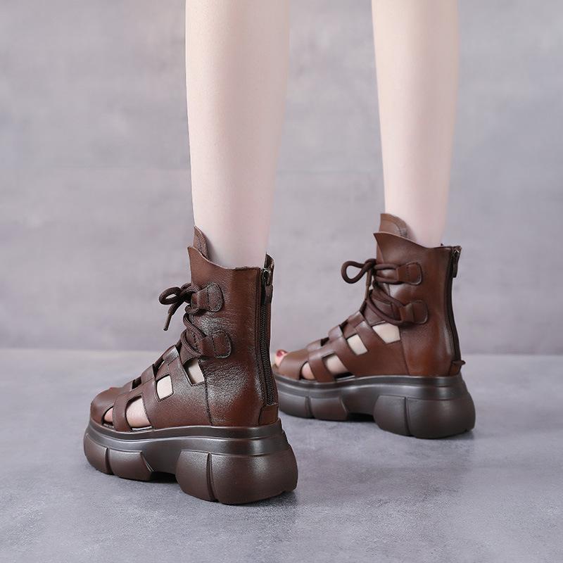 Fashion 6.5CM Retro Genuine Leather Open Toe Sandals Women Summer Platform Increasing Hollow Back Zipper High Top Casual Sandals Black