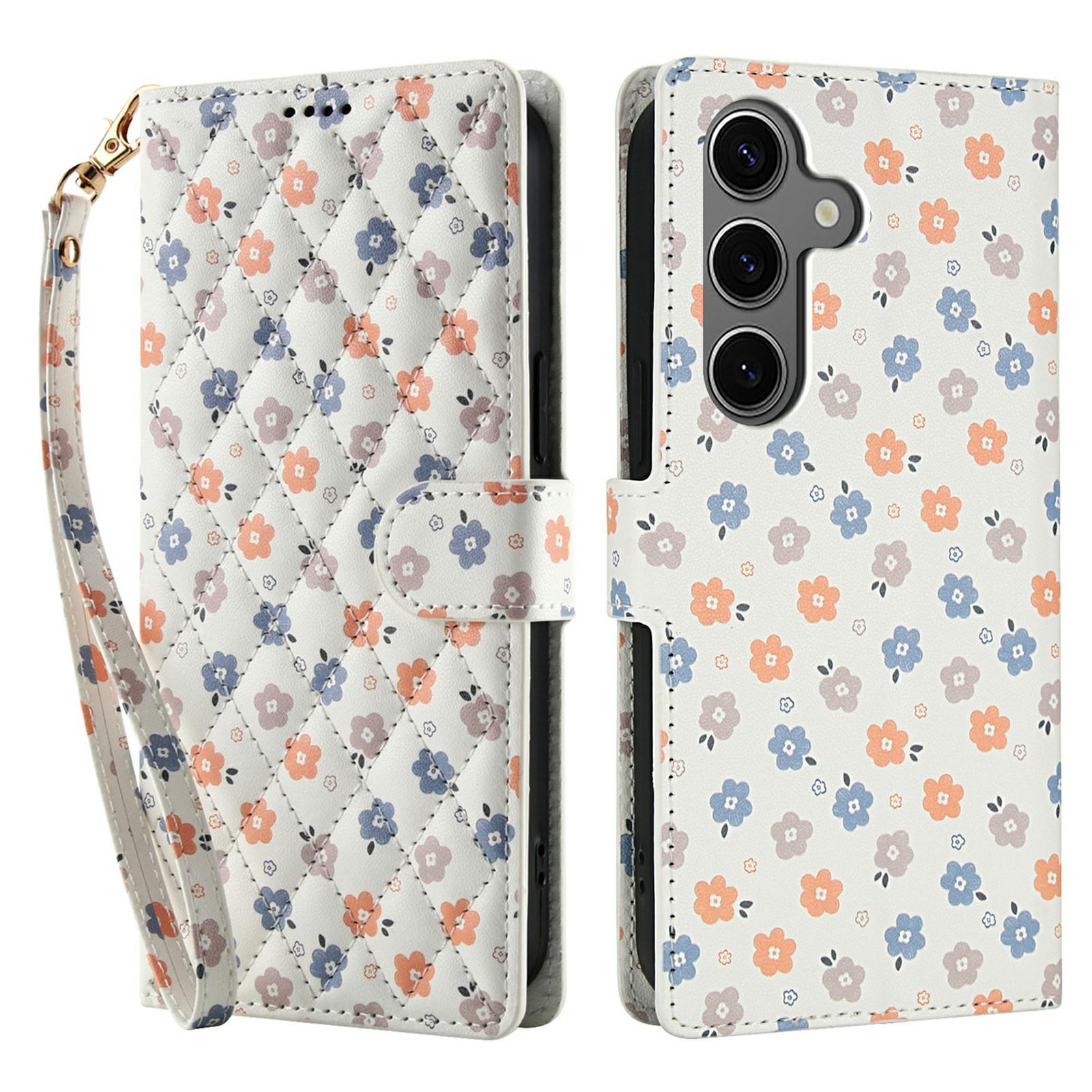 

For Samsung Galaxy S25 FE Wallet Case Rhombic Floral Design Leather Flip Phone Cover with Strap A4