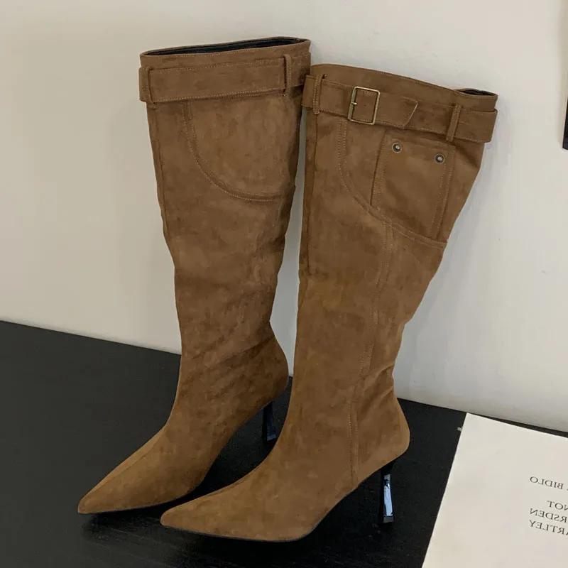 Eilyken Street Style Design Strap Buckle Pointed Toe Women Knee High Boots Sexy Thin High Heels Banquet Party Shoes