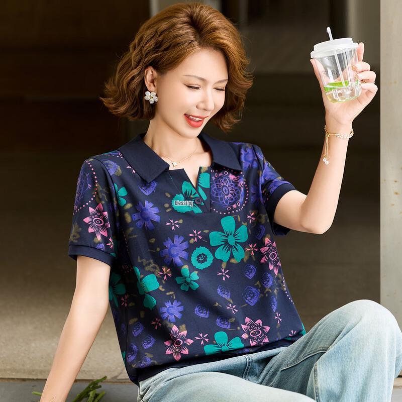 Pastel Women s Floral Print Lapel Short Sleeve T-Shirt 2XL