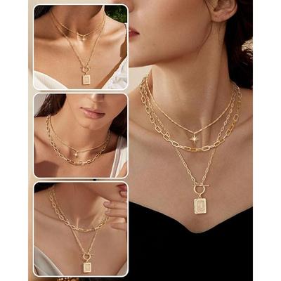 14K Gold Plated Layered Initial Necklaces for Women Trendy Star Choker Square Letter Pendant Paperclip Chain Jewelry Gifts