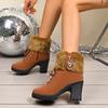 2026 New Plus Velvet Warm Women's Shoes Round Toe Thick Heel High Heel Short Tube Suede Side Zipper Boots