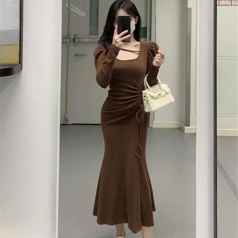 

Модное сексуальное платье с длинным рукавом и квадратным воротником, женское летнее повседневное платье с завязками на талии, элегантное приталенное длинное платье 25994 2XL темно-коричневого