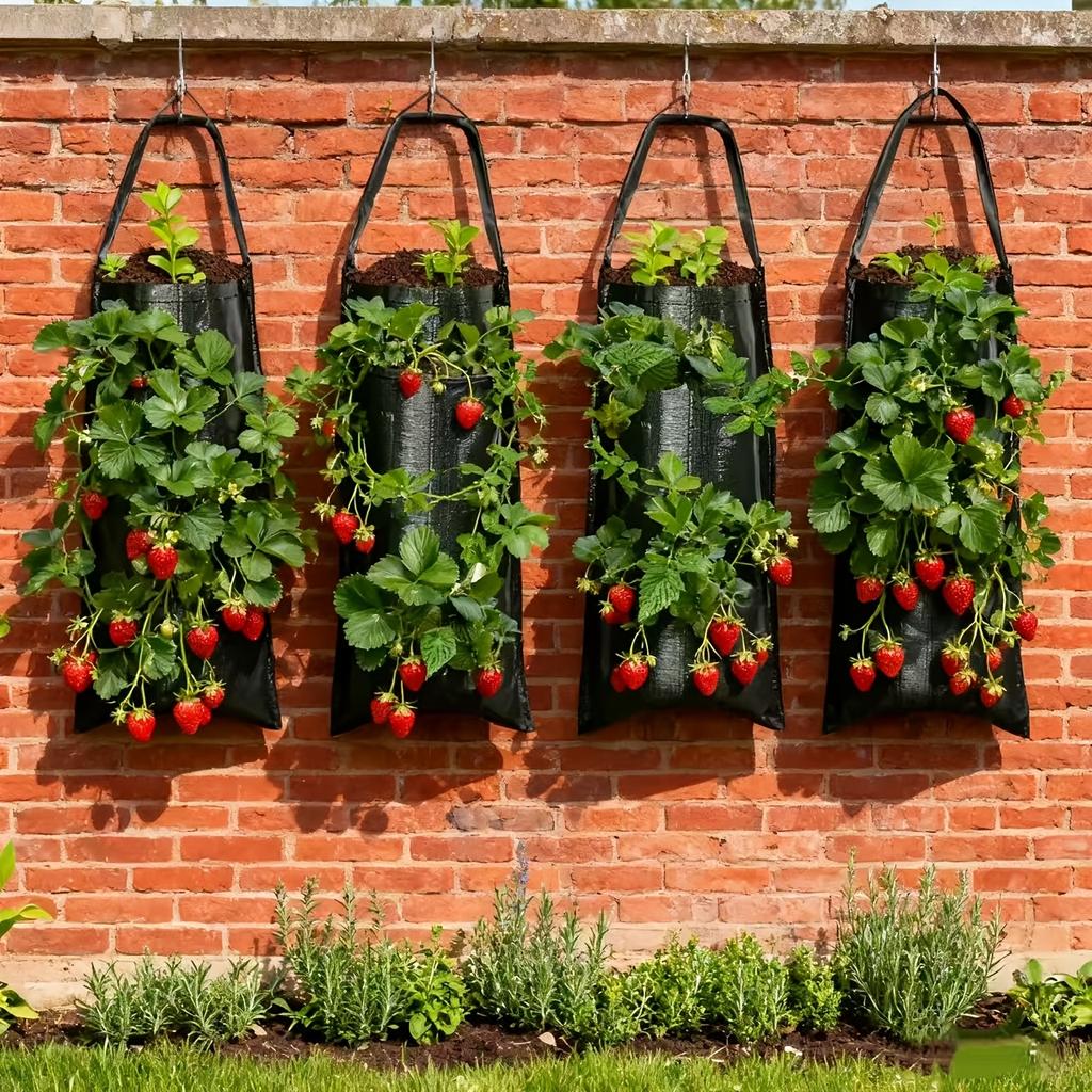 2pcs Wall-Mounted Strawberry Grow Bags, Hanging Planter Bags, Multi-Hole Strawberry Planting Bags for Balcony and Garden, Breathable, Water-Permeable