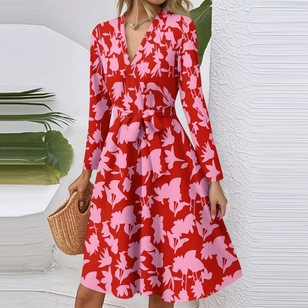 Dámské módní ležérní šaty midi s výstřihem do V, dlouhým rukávem, v pase a s květinovým potiskem