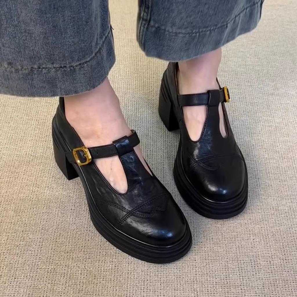 Sheepskin version~ platform thick heel retro small leather shoes women's genuine leather loafers round head single shoes Mary Jane shoes