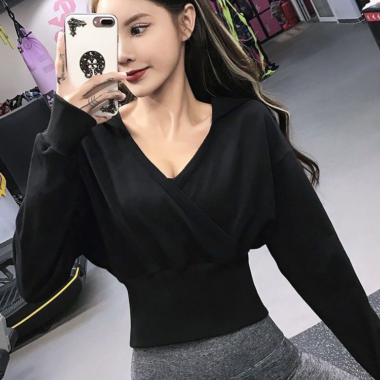 Women Solid Gym Tees V Collars Leisure Yoga Tees Long Sleeve Tops For Girls Sports Tees Active Cycling Workout Street Wear Fashion Lady Tees