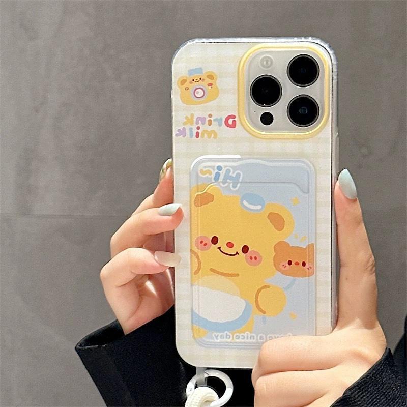 Cute Butter Bear iPhone Case: Fits 12 To 16 Pro Max, with Cartoon Design, Card Holder & Lanyard