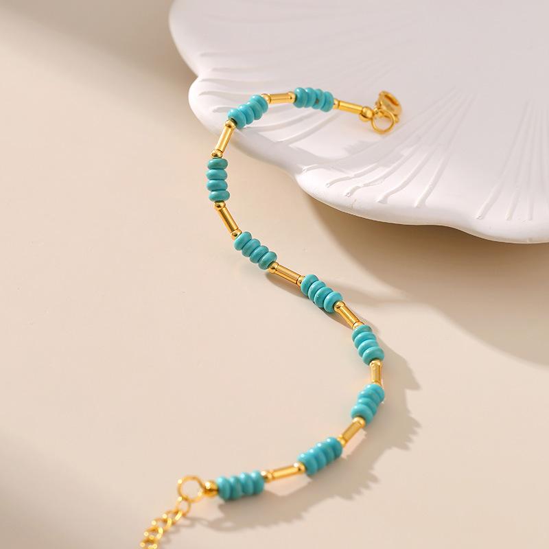 Handmade Turquoise Beaded Bracelet 18k Gold Plated Copper Tube Fashion Jewelry For Women