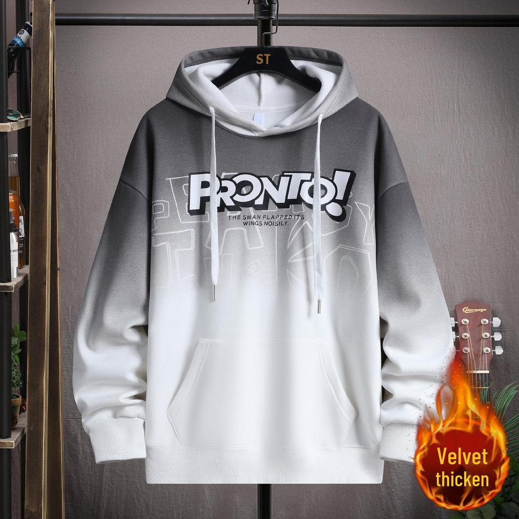 Gradient Color Block Hooded Sweatshirt for Boys, Junior High & High School Students - Plus Velvet, Thickened, Autumn/Winter Outerwear for Teens