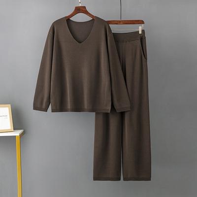 Solid Color Collar Ice Silk Fashion Suit, New Spring and Autumn Loose High-waisted Casual Sweater Two-piece Set