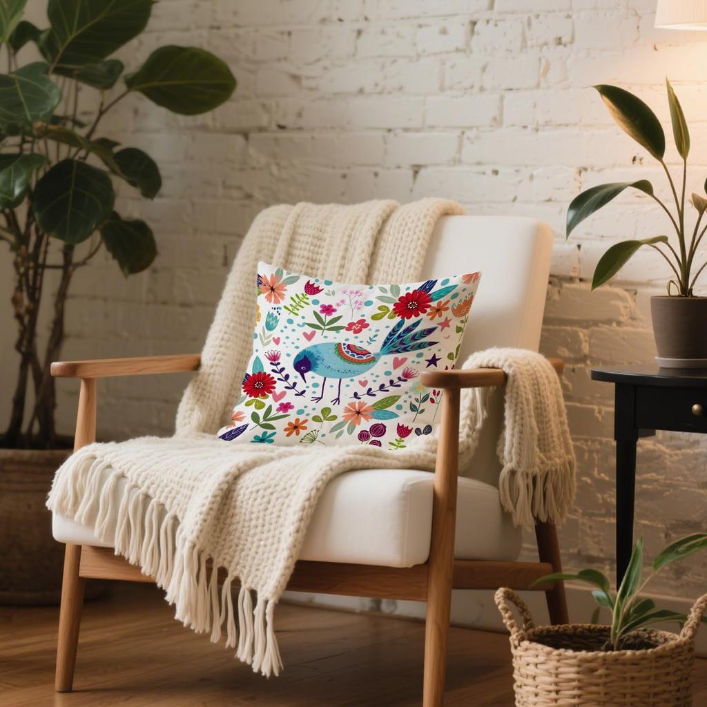 Boho Floral Bird Pillow Cover 18x18 Inches, Colorful Flower & Bird Pattern, Rustic Botanical Home Decor, Nature Lover Gift, Farmhouse Accent