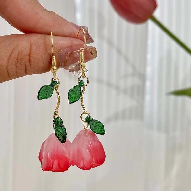Korean Pink Tulip Flower Pendant Earrings for Women Fashion Elegant Temperament Pearl Earrings Jewelry Accessories