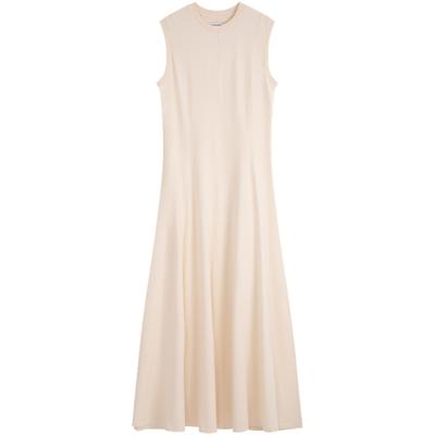 Simple White Summer Collection Solid Color Round Neck Casual Long A-Line Sleeveless Dress Women Dresses Oatmeal-White 40WK278