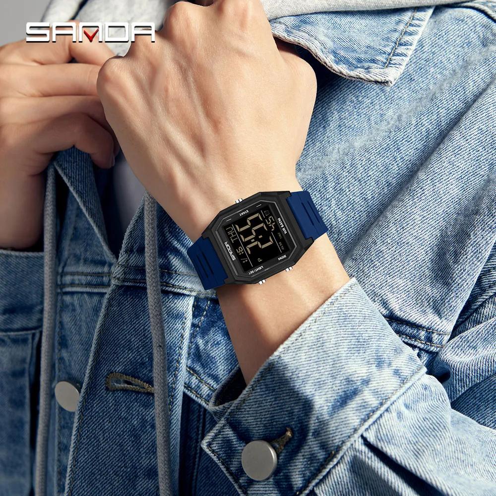 SANDA 6355 Fashion Student Electronic Watch Square Multi Functional Waterproof LED Night Light Outdoor Sports Men's Watch Reloj