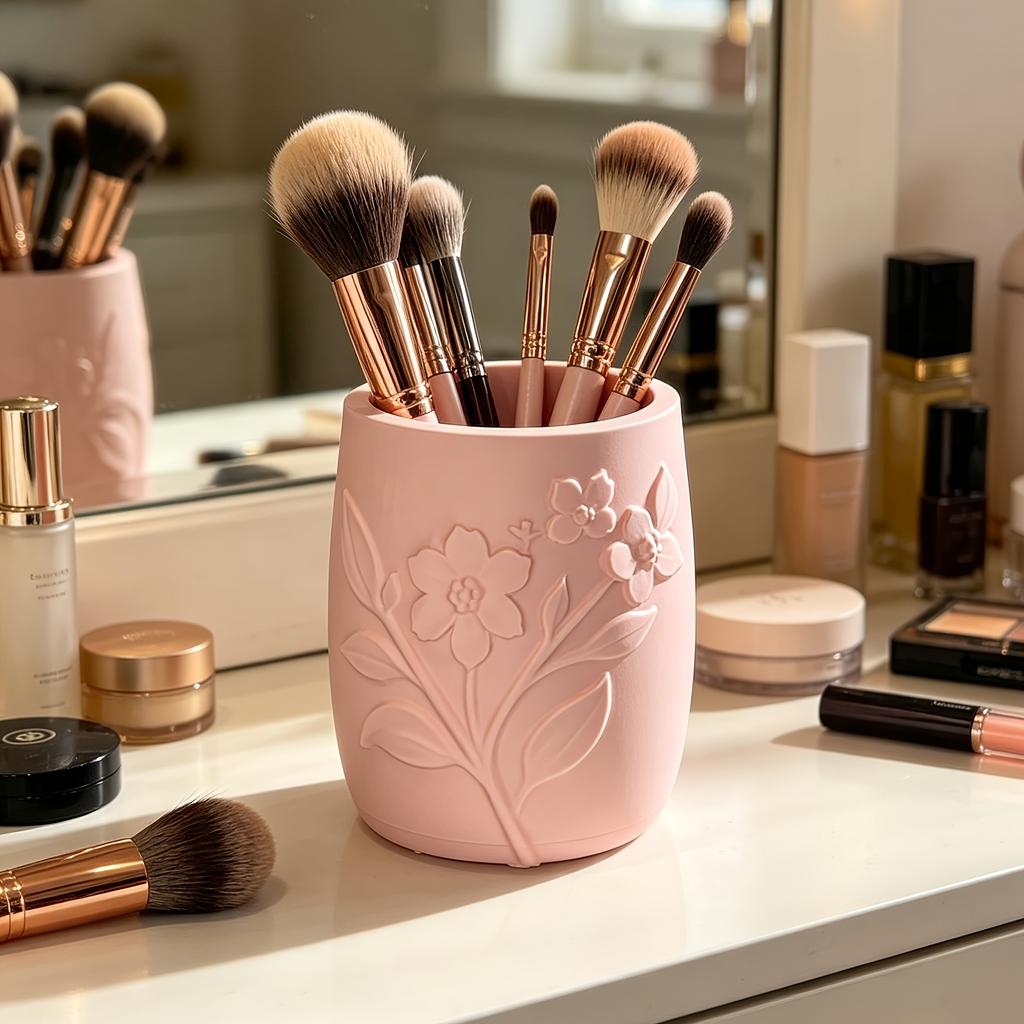 Relief Floral Makeup Brush Holder, Easy Ins Style Desktop Pen Holder, Bedroom Vanity Beauty Tool Storage Box