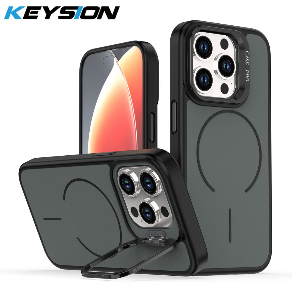 KEYSION Matte Skin Feel Lens Stand Phone Case for Magsafe for iPhone 13 14 15 Pro Max 15 Plus Magnetic Wireless Charging Shockproof Cover