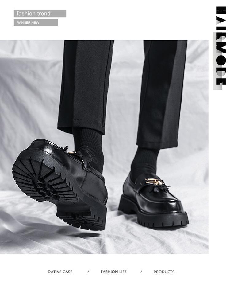 Men's Black Tassel Leather Slip-On Shoes - Autumn New Style Thick Sole, Big Toe, Fashionable Casual Low-Top