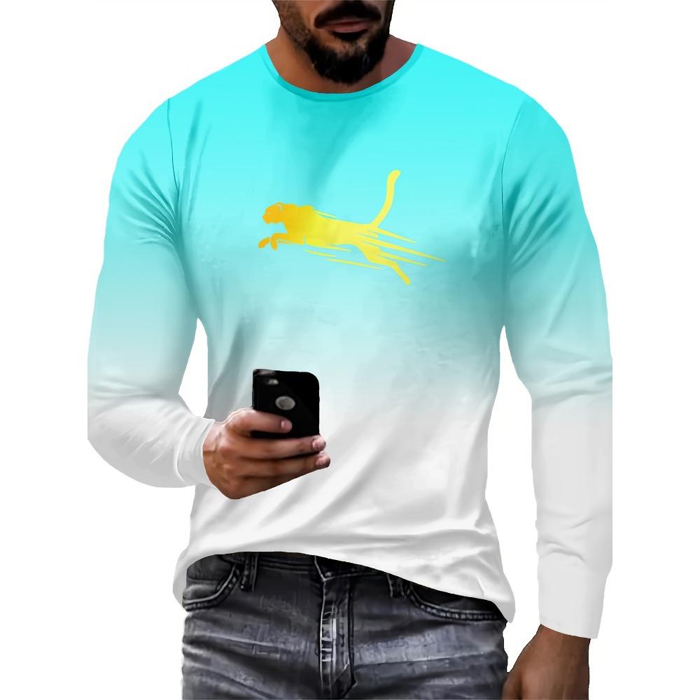 Men's color blocked gradient men's long sleeved round neck T-shirt, casual and comfortable T-shirt