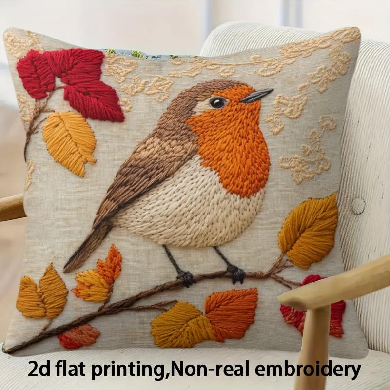 Federa Cuscino 2D Piatto - # Pettirosso Autunnale Custodia Quadrata Cuscino Foglia Autunnale Rustica Per Divano Letto Camera da Letto Decorazioni per la Casa